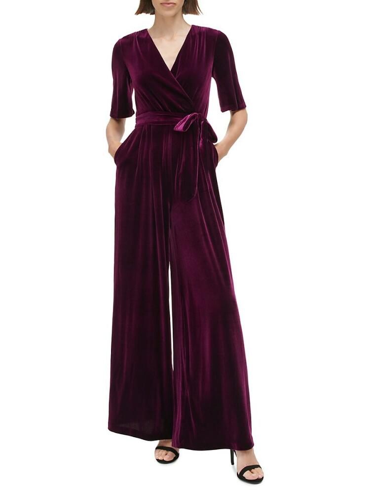 Eliza J Women's Tie Waist Velvet Jumpsuit - Plum Cover