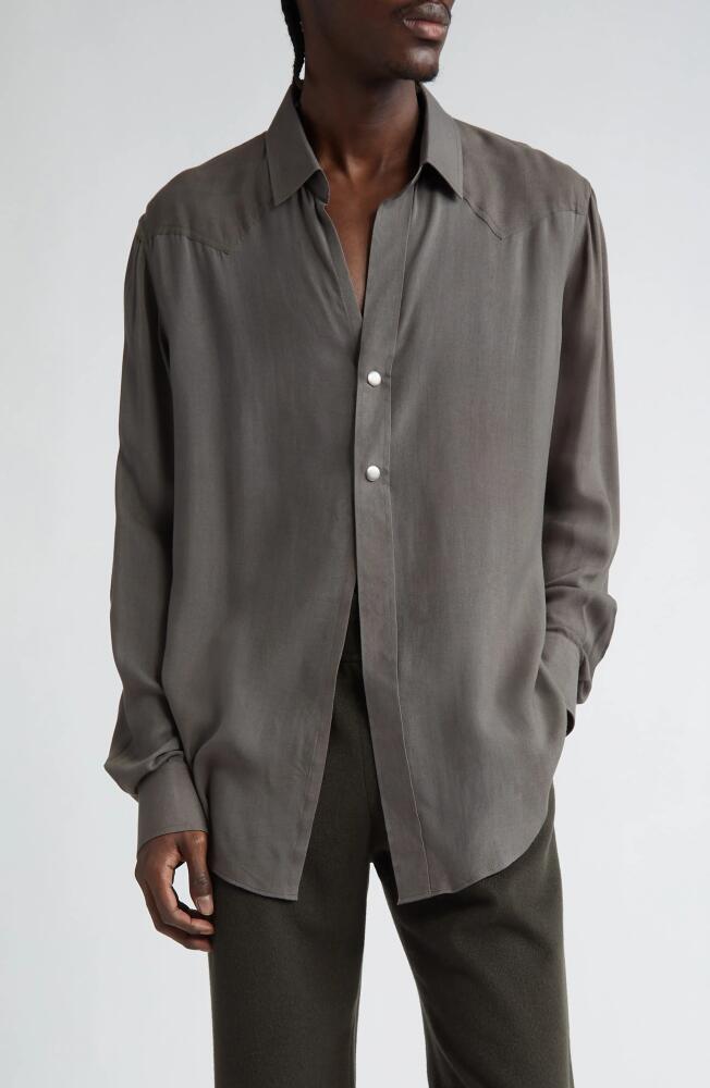 FRENCKENBERGER Gender Inclusive Modal & Cashmere Snap-Up Shirt in Black Olive Cover