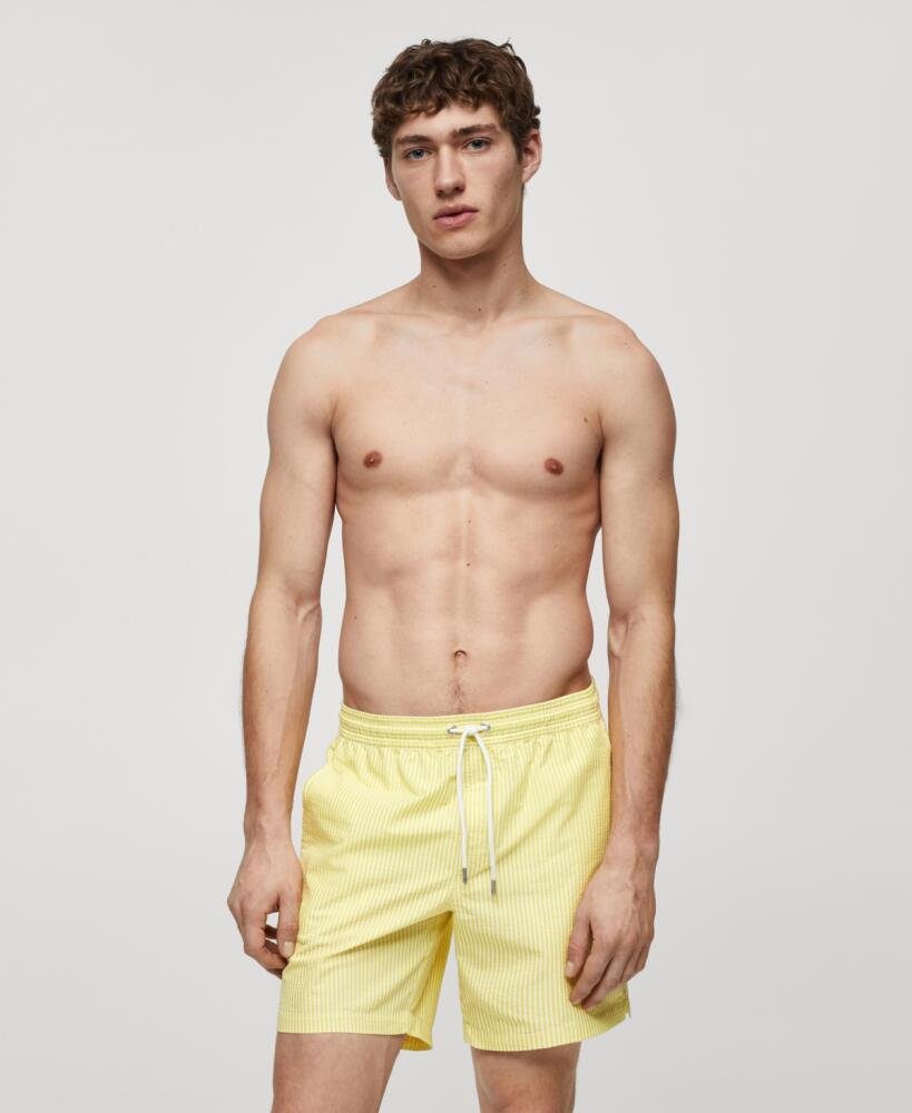 Mango Men's Seersucker Striped Drawstring Swimsuit - Yellow Cover