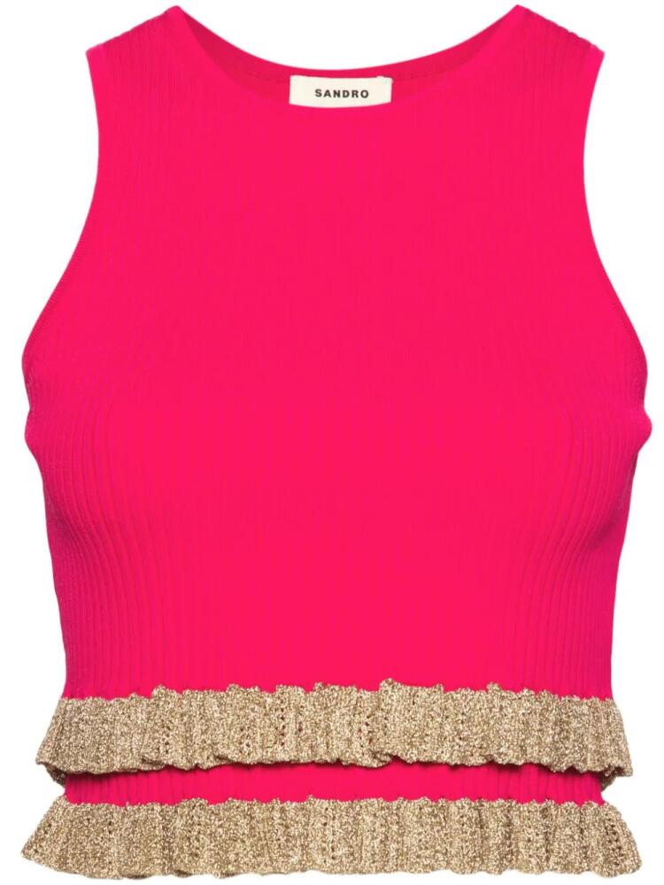 SANDRO ruffled-detailing ribbed-knit tank top - Pink Cover