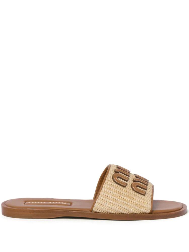 Miu Miu logo-patch raffia slides - Neutrals Cover