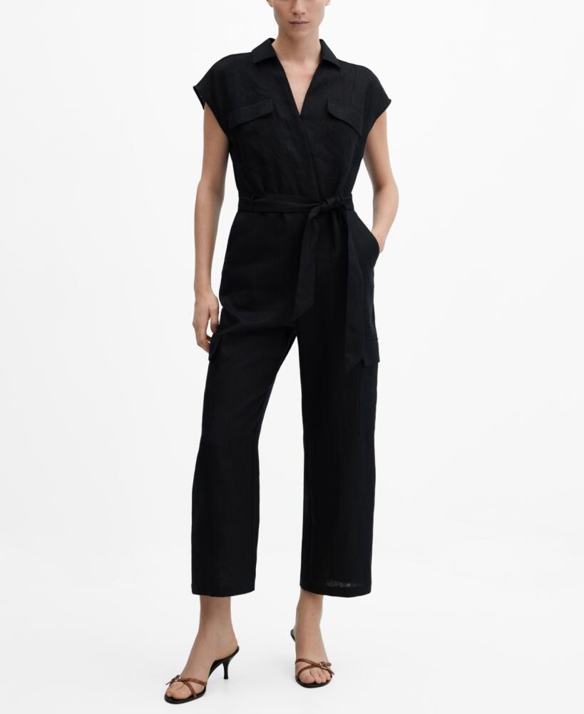 Mango Women's Cargo-Style Linen Jumpsuit - Medium Bro Cover