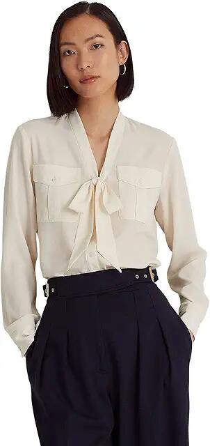 LAUREN Ralph Lauren Crepe Tie-Neck Shirt (Mascarpone Cream) Women's Clothing Cover