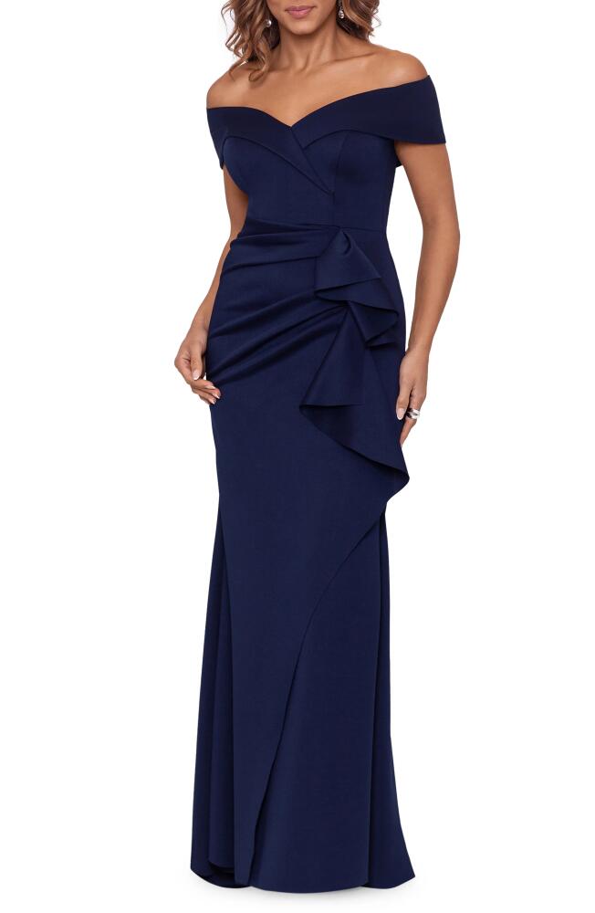 Xscape Evenings Ruffle Off the Shoulder Scuba Gown in Midnight Cover