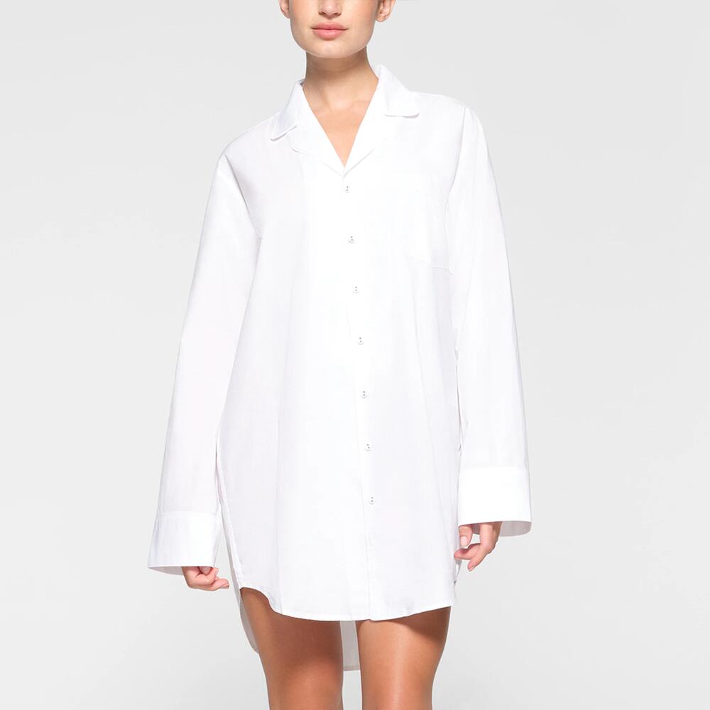 SKIMS Cotton Poplin Sleep Button Up Dress | White | 2XS Cover