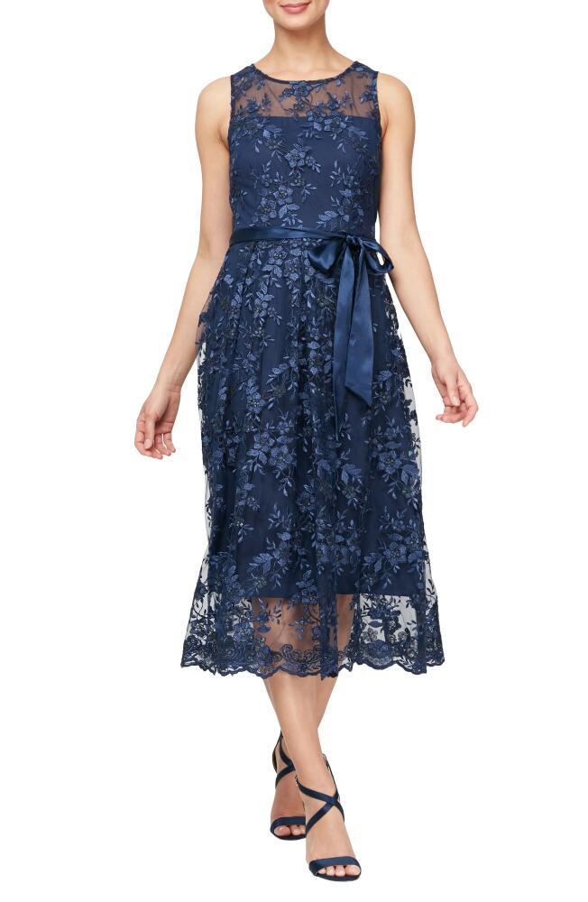 Alex Evenings Floral Embroidered Sleeveless Cocktail Dress in Navy Cover