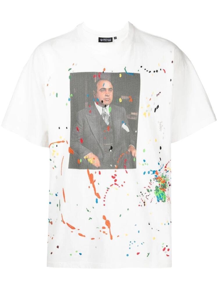 Mostly Heard Rarely Seen Portrait paint-splatter T-shirt - White Cover