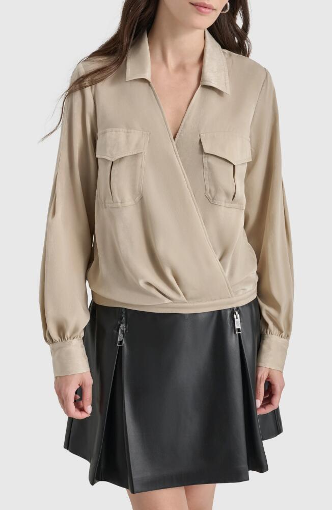 DKNY Long Sleeve Faux Wrap Shirt in Trench Cover