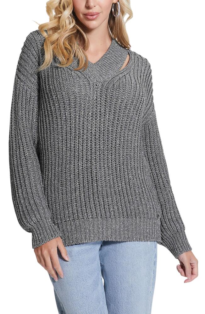 GUESS Lise Sparkle Cutout V-Neck Sweater in Mindful Lurex Multi Cover