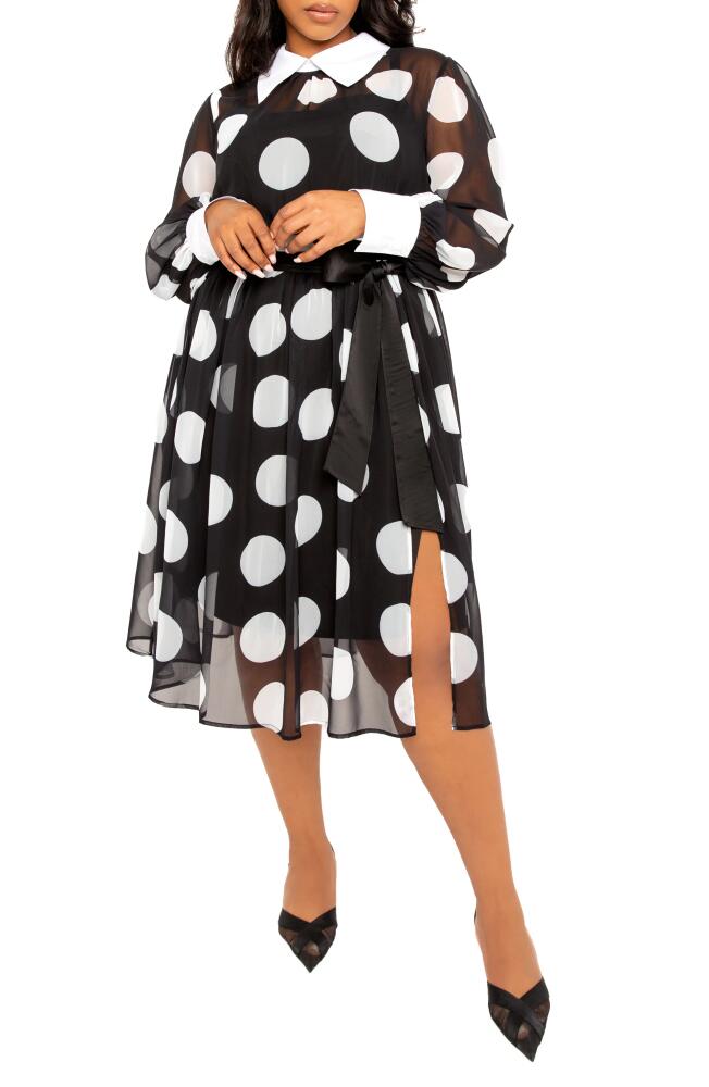 BUXOM COUTURE Polka Dot Long Sleeve Chiffon Shirtdress in Black Cover