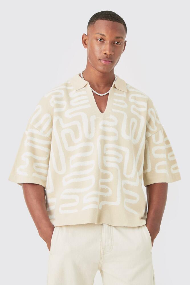 boohoo Mens Boxy Oversized Abstract Knit Polo - Beige Cover