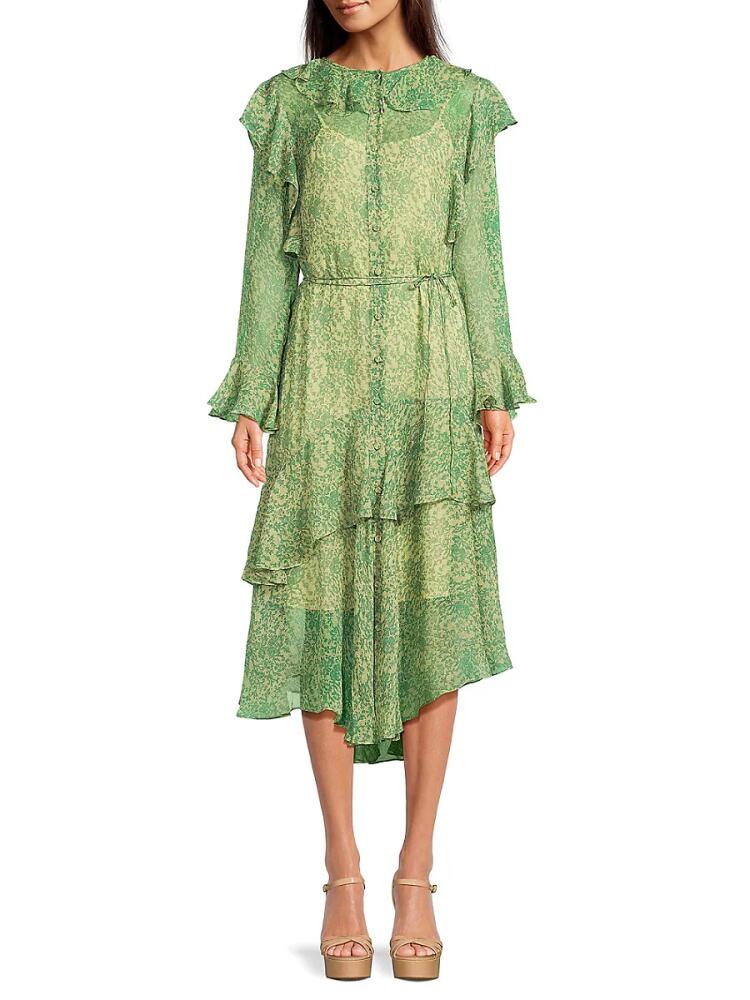 Rebecca Taylor Women's Floral Ruffle Chiffon Midi Dress - Forest Green Cover