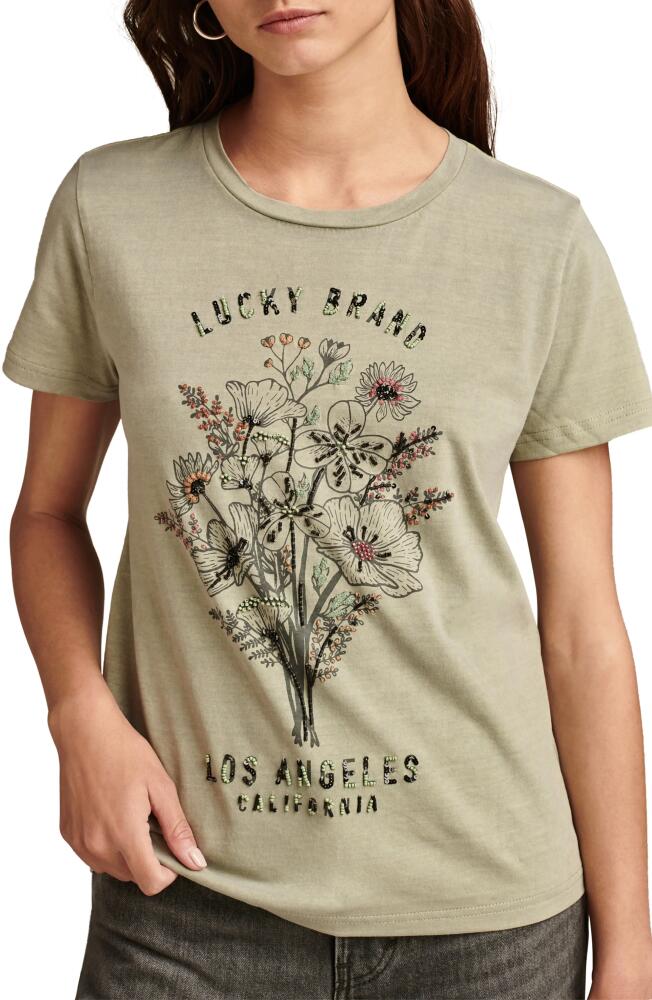 Lucky Brand Floral Embellished Cotton Graphic T-Shirt in Sea Grass Cover