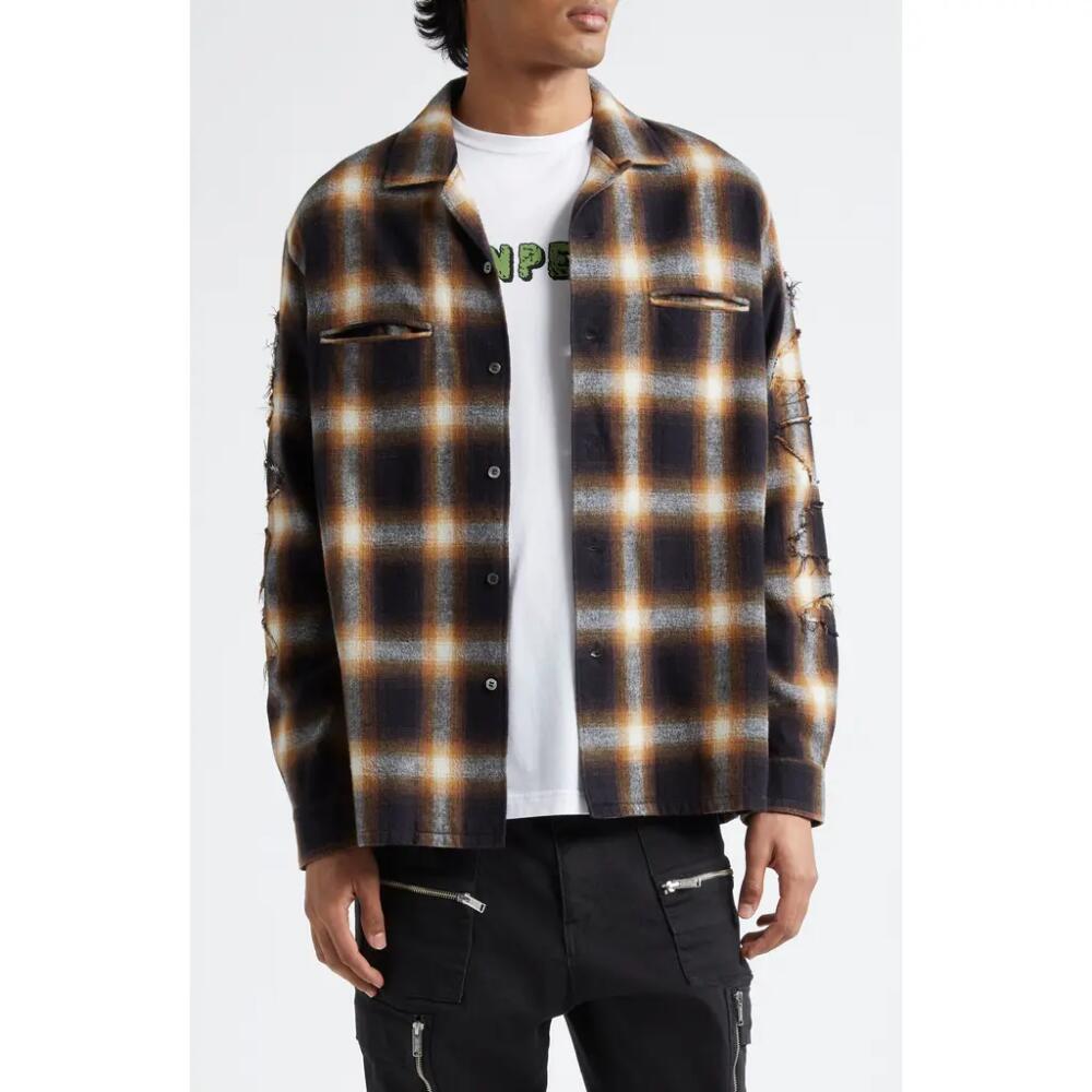 Undercover Plaid Ripped & Repaired Cotton Flannel Button-Up Shirt Jacket in Brown Ck Cover