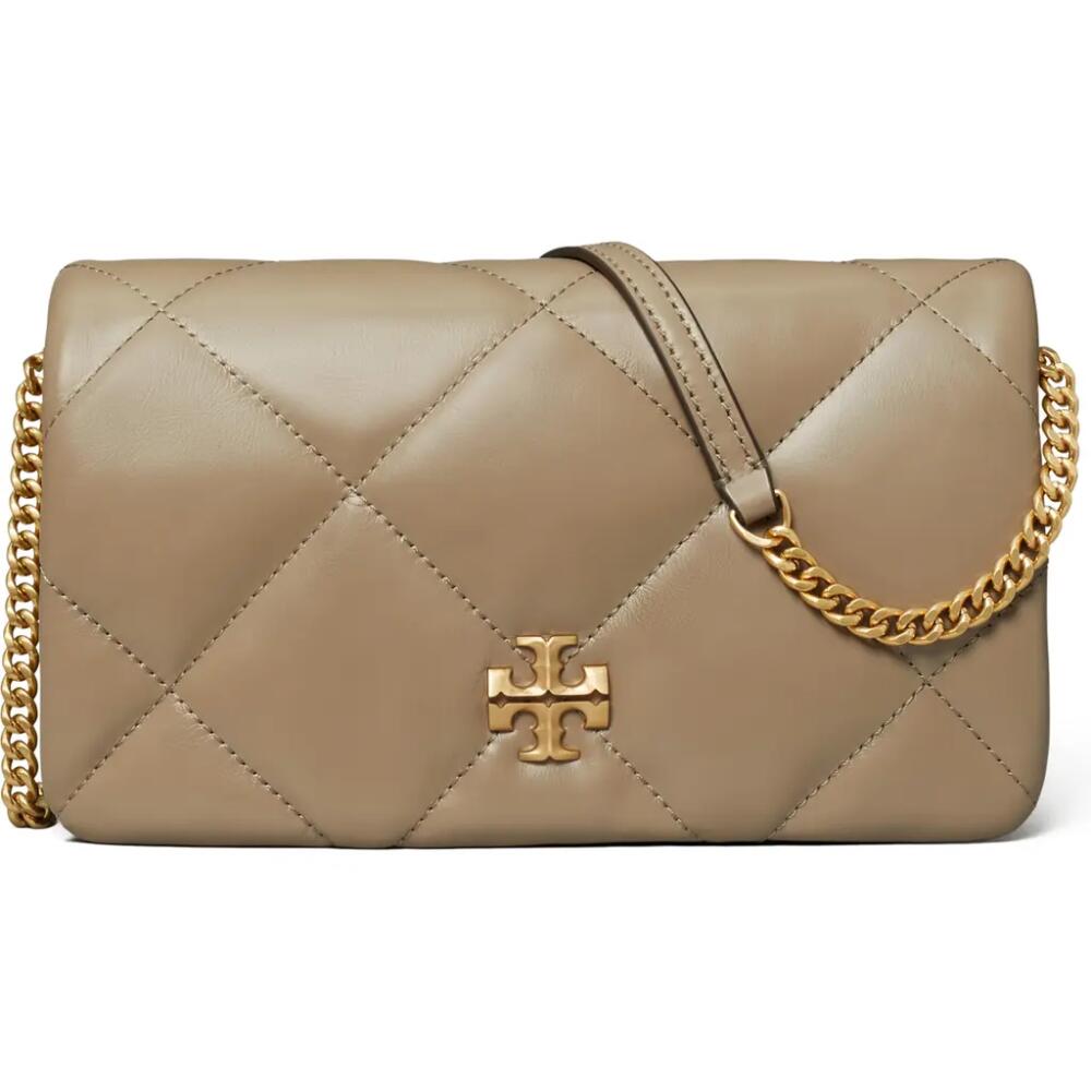 Tory Burch Kira Diamond Quilted Leather Wallet On a Chain in Taupe Oak Cover