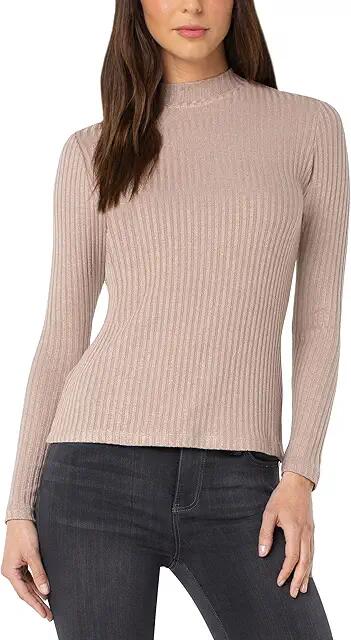 Liverpool Los Angeles Mock Neck Long Sleeve Ribbed Tee (Sandstone Tan) Women's Clothing Cover