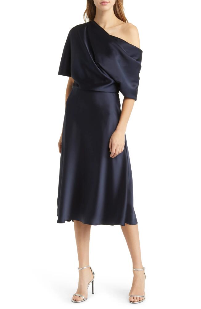 Amsale One-Shoulder Fluid Satin Cocktail Midi Dress in Navy Cover