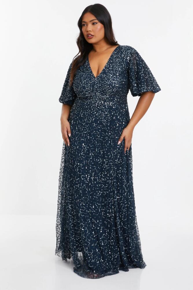 QUIZ Embellished Angel Sleeve Open Back Maxi Dress in Blue Cover