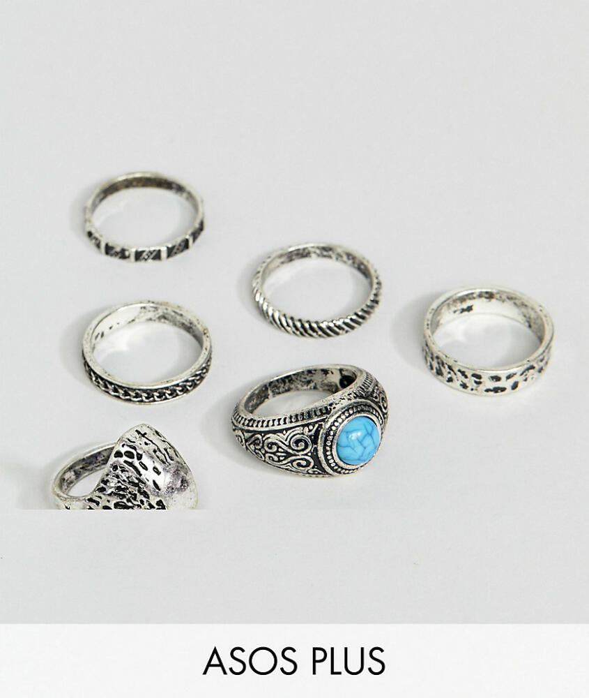 ASOS DESIGN Plus Chunky Ring Pack With Eagle And Stones In Burnished Silver Cover