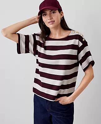 Ann Taylor Weekend Stripe Ribbed Shoulder Button Tee Cover