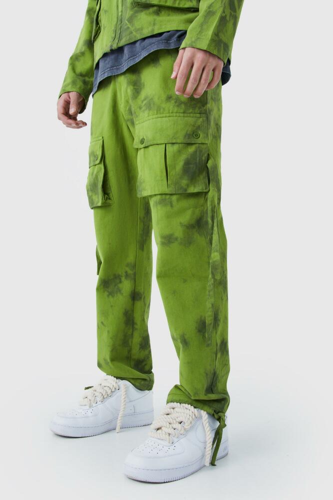 boohoo Mens Twill Tie Dye Fixed Waist Straight Leg Cargo Pants - Green Cover