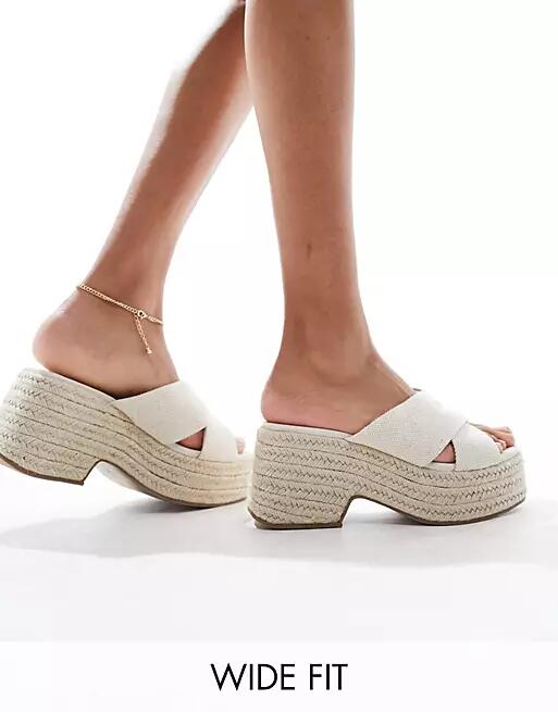 ASOS DESIGN Wide Fit Toy cross strap wedges in natural fabrication-Neutral Cover