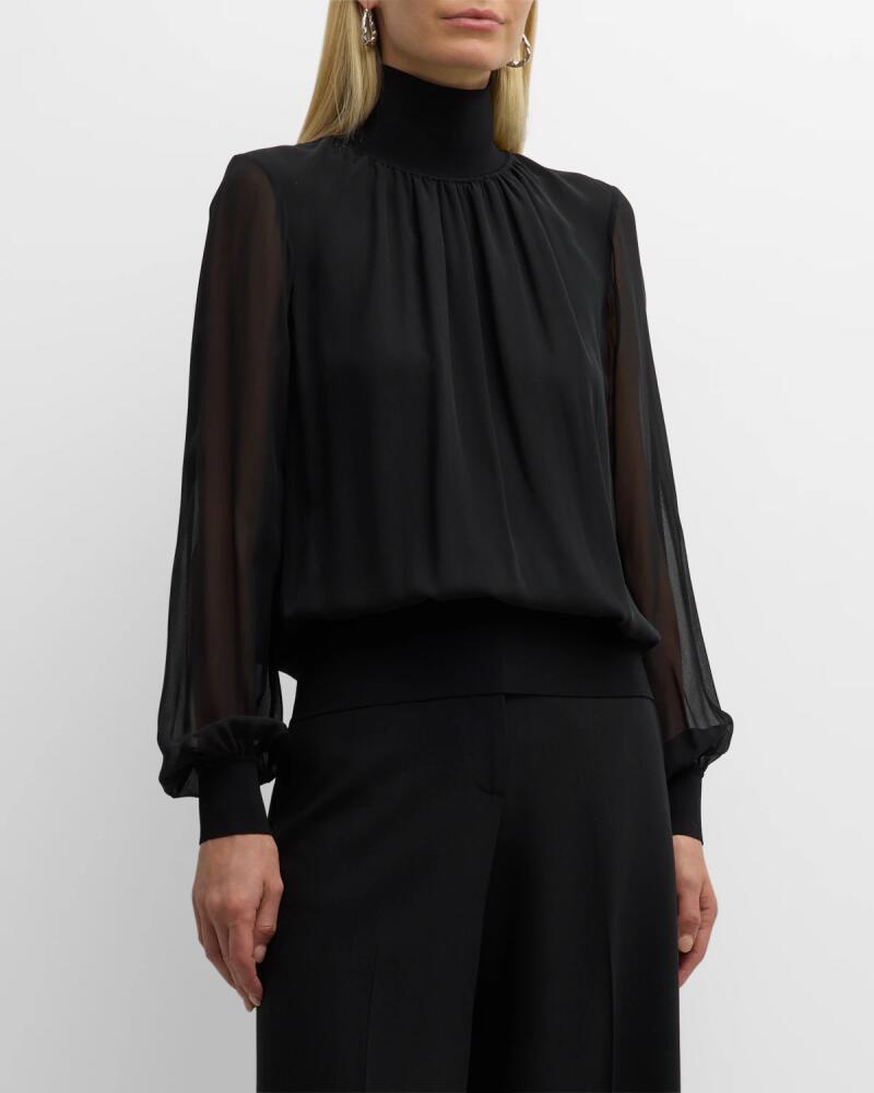 Lafayette 148 New York Turtleneck Blouson-Sleeve Silk Georgette Blouse Cover