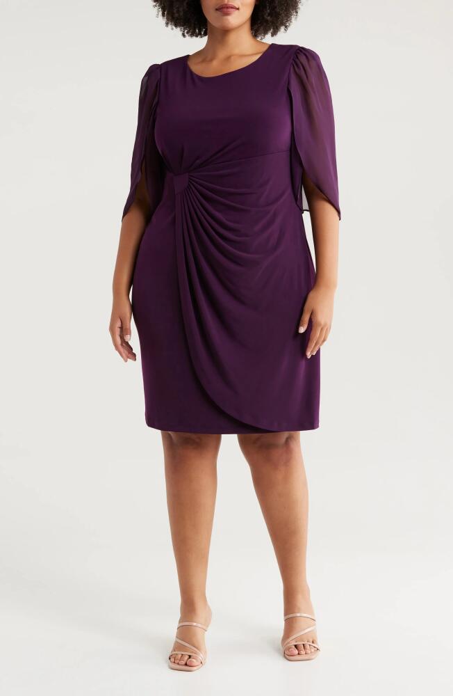 Connected Apparel Chiffon Sleeve Faux Wrap Dress in Aubergine Cover