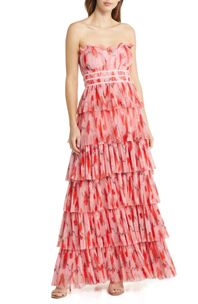 Hutch Monaco Strapless Ruffle Tiered Plissé Gown in Blush Red Poppies Tulle Cover