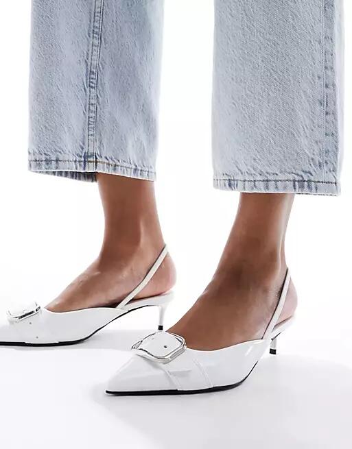 ASOS DESIGN Score buckle slingback kitten heeled shoes in white Cover