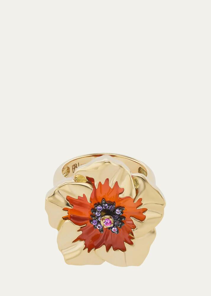 Brent Neale 18K Yellow Gold Carnelian Hibiscus Ring with Sapphire and Amethyst Cover