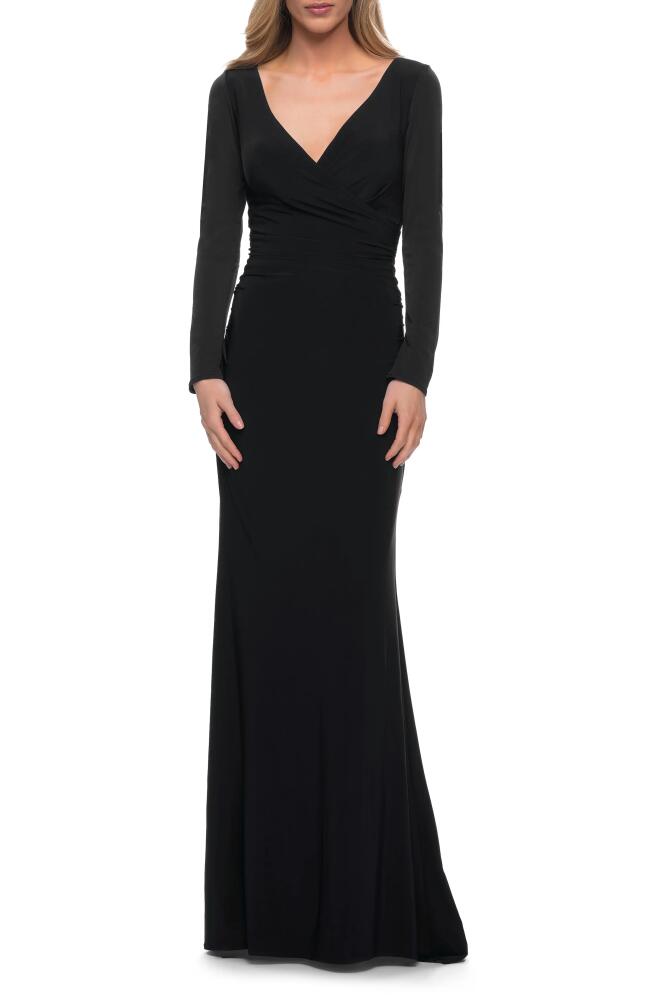 La Femme Long Sleeve Ruched Jersey Gown in Black Cover