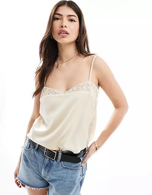 ASOS DESIGN satin cami with crotchet inserts in cream-White Cover