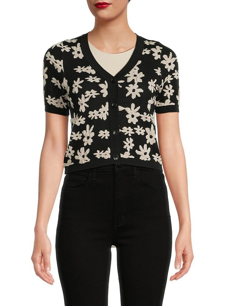 Lea & Viola Women's Floral Textured Cropped Cardigan - Black Cream Cover