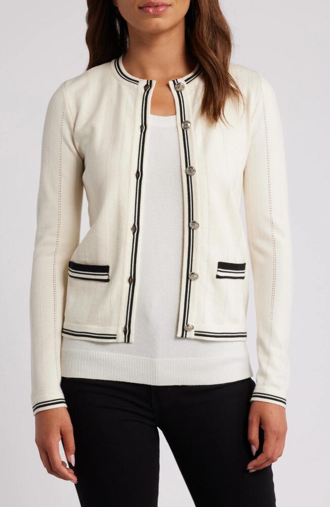 ZOE AND CLAIRE Pointelle Contrast Trim Cardigan in Cream Cover