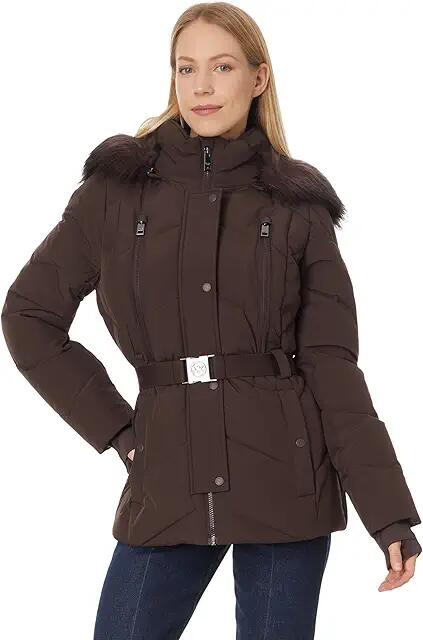 MICHAEL Michael Kors Active Puffer With Fur Trim Hood A423409B (Chocolate) Women's Coat Cover