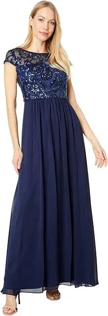 Vince Camuto Sequin Bodice Gown with Chiffon Skirt (Navy) Women's Clothing Cover