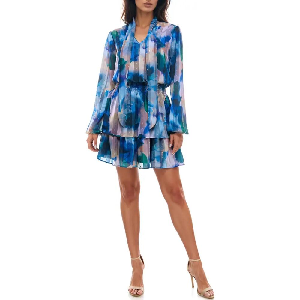 Socialite Floral Metallic Stripe Long Sleeve Tiered Clip Dot Minidress in Blue/Pink Cover