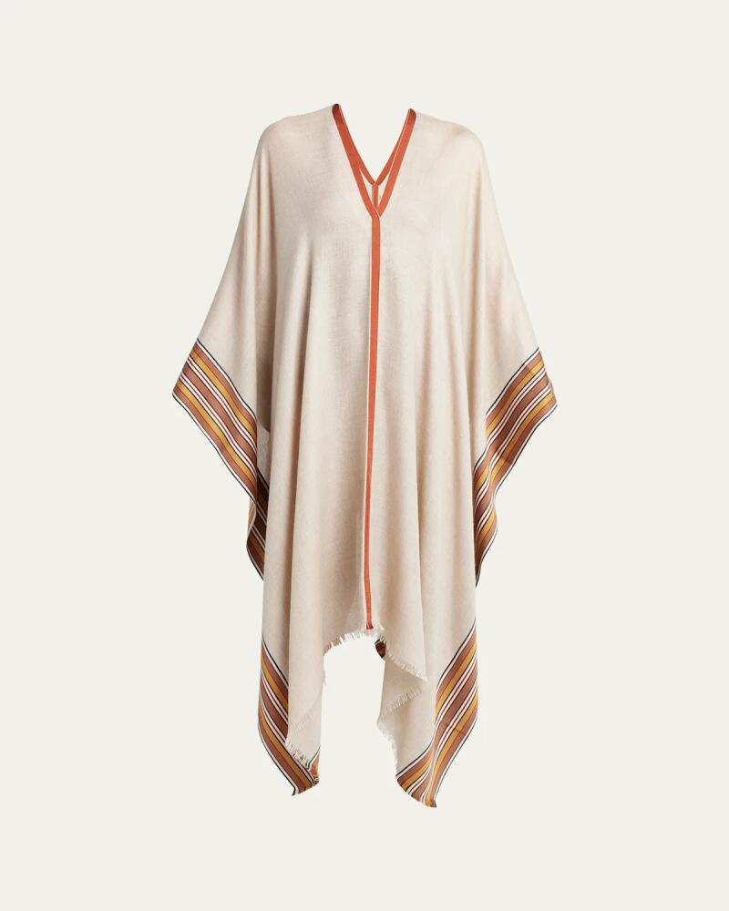 Loro Piana V-Neck Poncho w/ Multi-Stripe Hem Cover