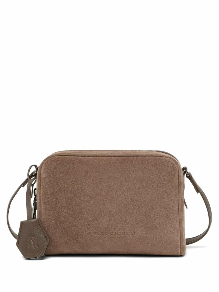 Brunello Cucinelli logo-tag suede crossbody bag - Brown Cover