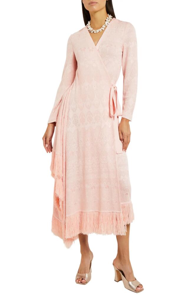 Misook Bracelet Sleeve Jacquard Midi Wrap Dress in Porcelain Pink Cover