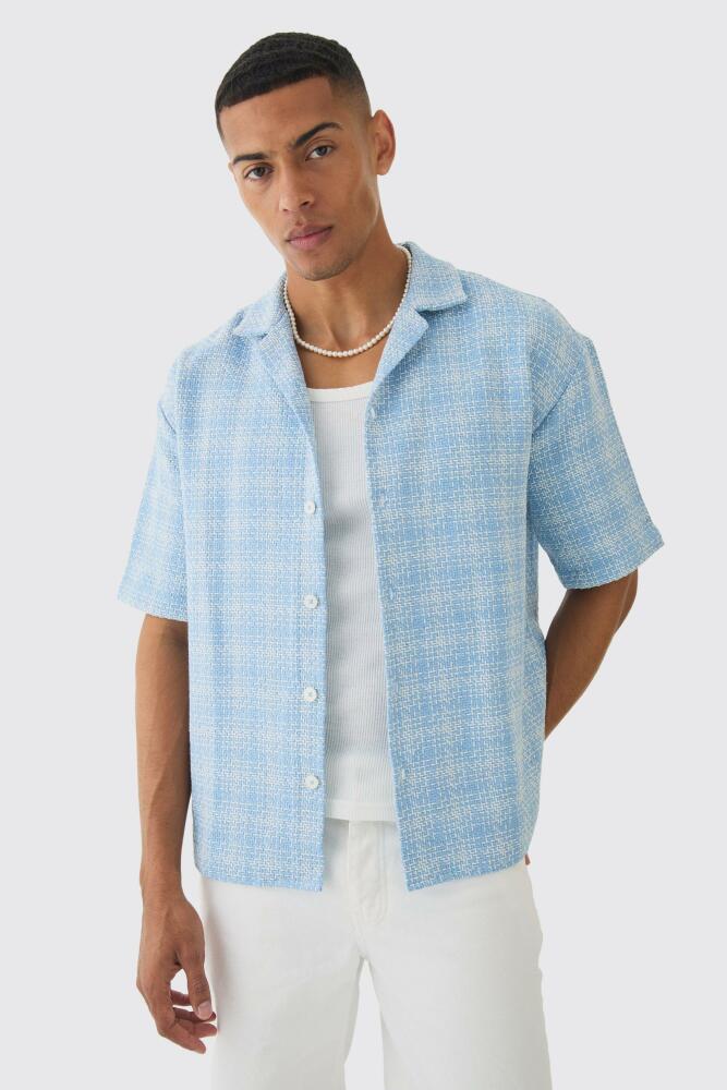 boohoo Mens Oversized Boucle Flannel Short Sleeve Revere Shirt - Blue Cover