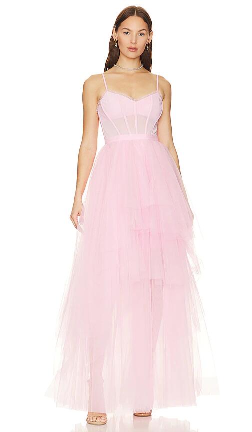 BCBGMAXAZRIA Corset Tiered Gown in Pink Cover