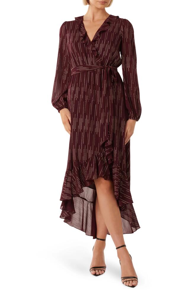 Ever New Print Ruffle Tie Waist High-Low Maxi Dress in Berry Lurex Cover