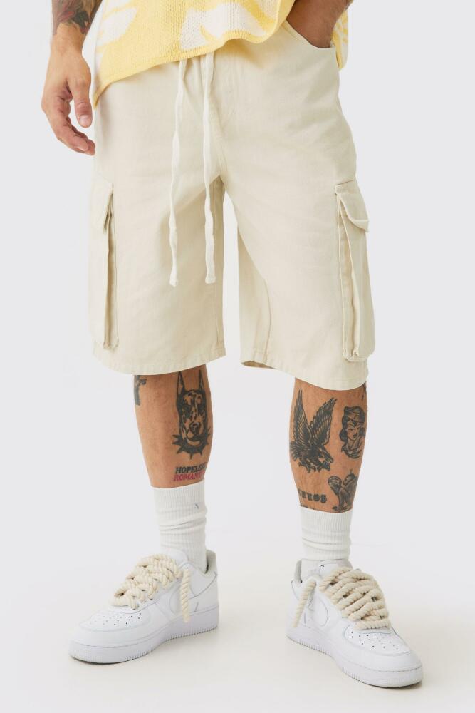 boohoo Mens Baggy Fit Elasticated Waist Extended Drawcord Cargo Shorts - Cream Cover