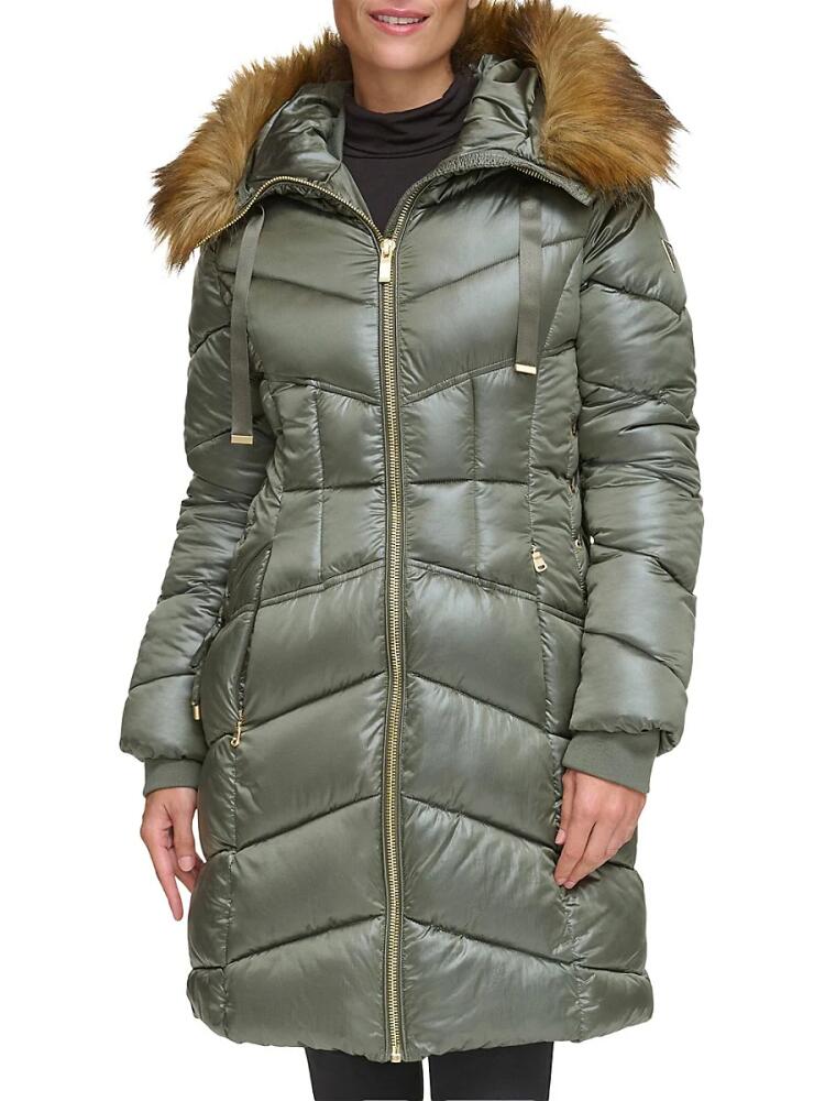 Guess Women's Chevron Faux Fur Trim Hooded Puffer Coat - Olive Cover