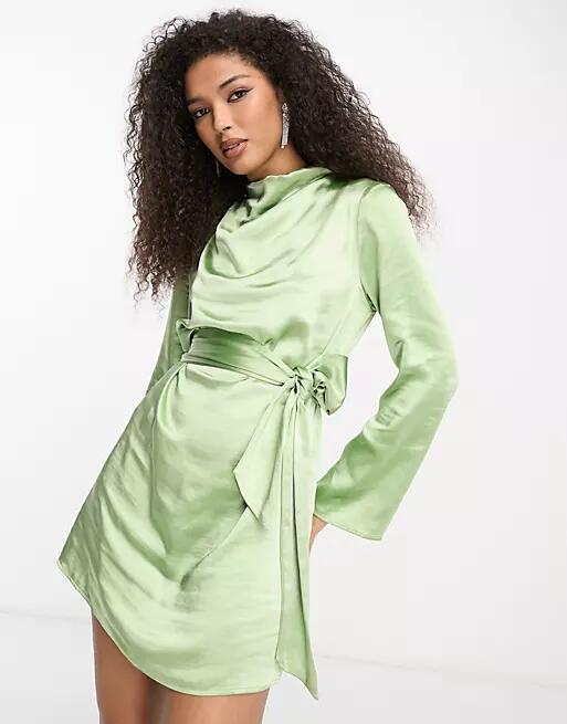 Pretty Lavish Jayda tie waist satin mini dress in soft olive-Green Cover