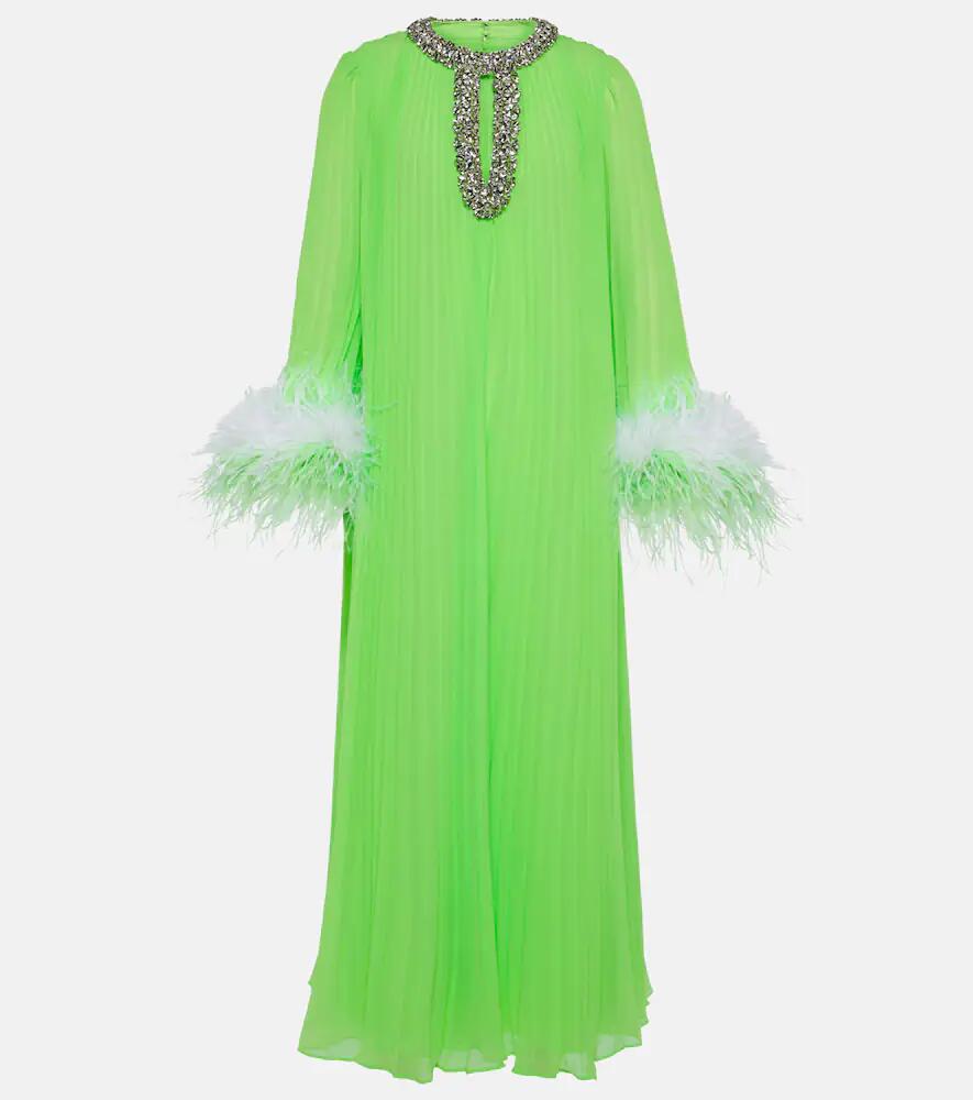 Self-Portrait Pleated feather-trimmed chiffon gown Cover