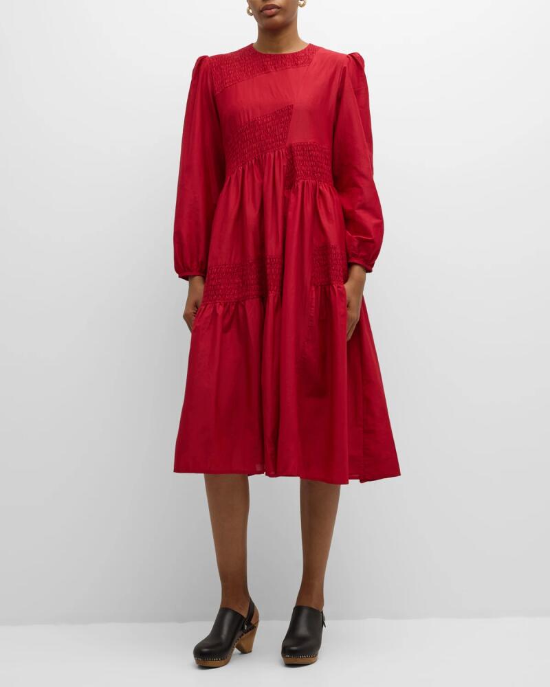 LOVEBIRDS Smocked Blouson-Sleeve Midi Dress Cover