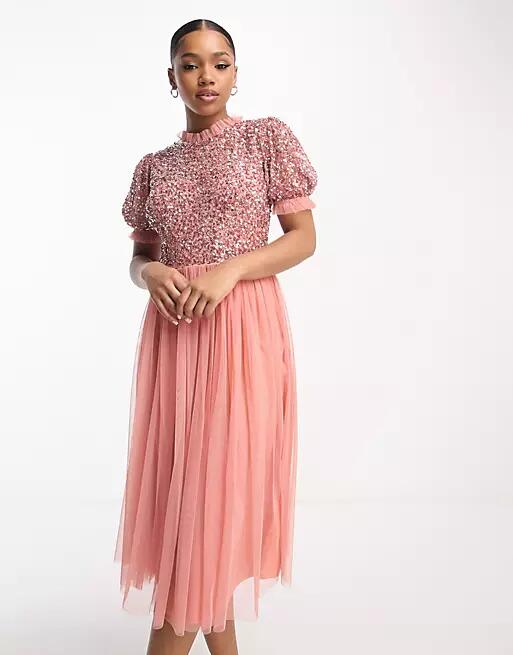 Maya Bridesmaid delicate sequin puff sleeve midi dress in terracotta pink Cover